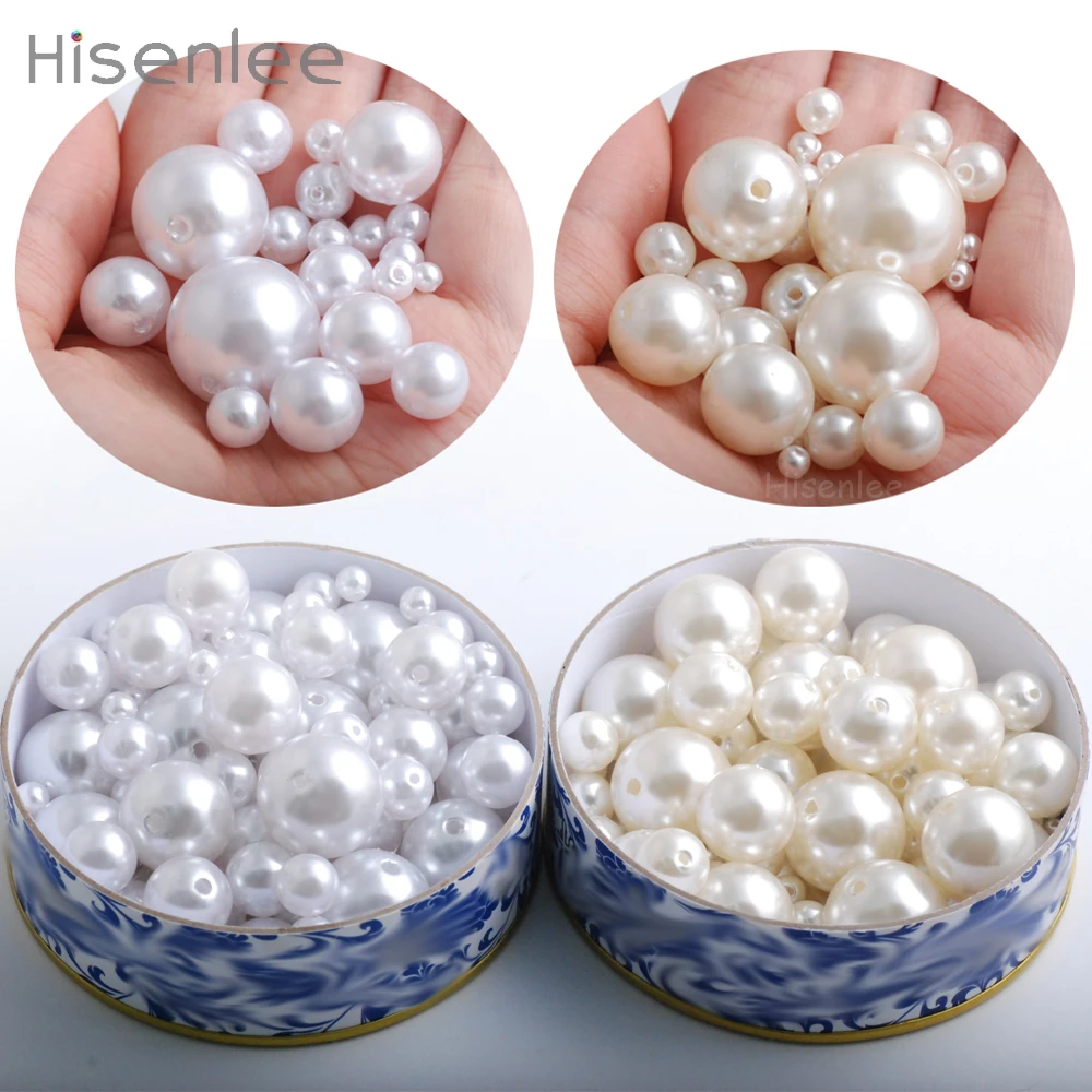 

Hisenlee 9 Sizes 4mm-20mm ABS Ivory/White Imitation Pearls Straight Hole Beads Round Loose Beads For DIY Bracelet Making