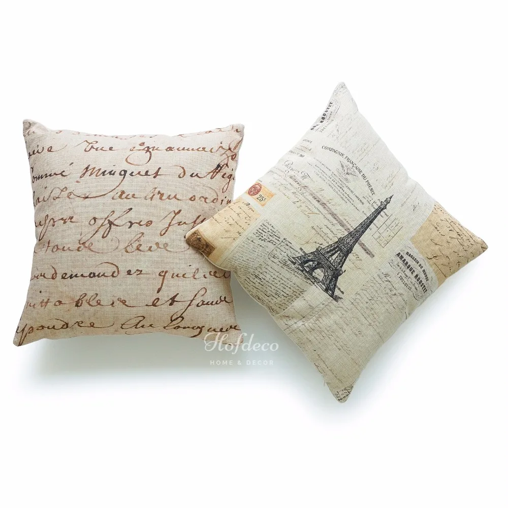 Set of 2Pcs Decorative Throw Pillow Cases Vintage French Script Parchment Paper Cotton Linen ...