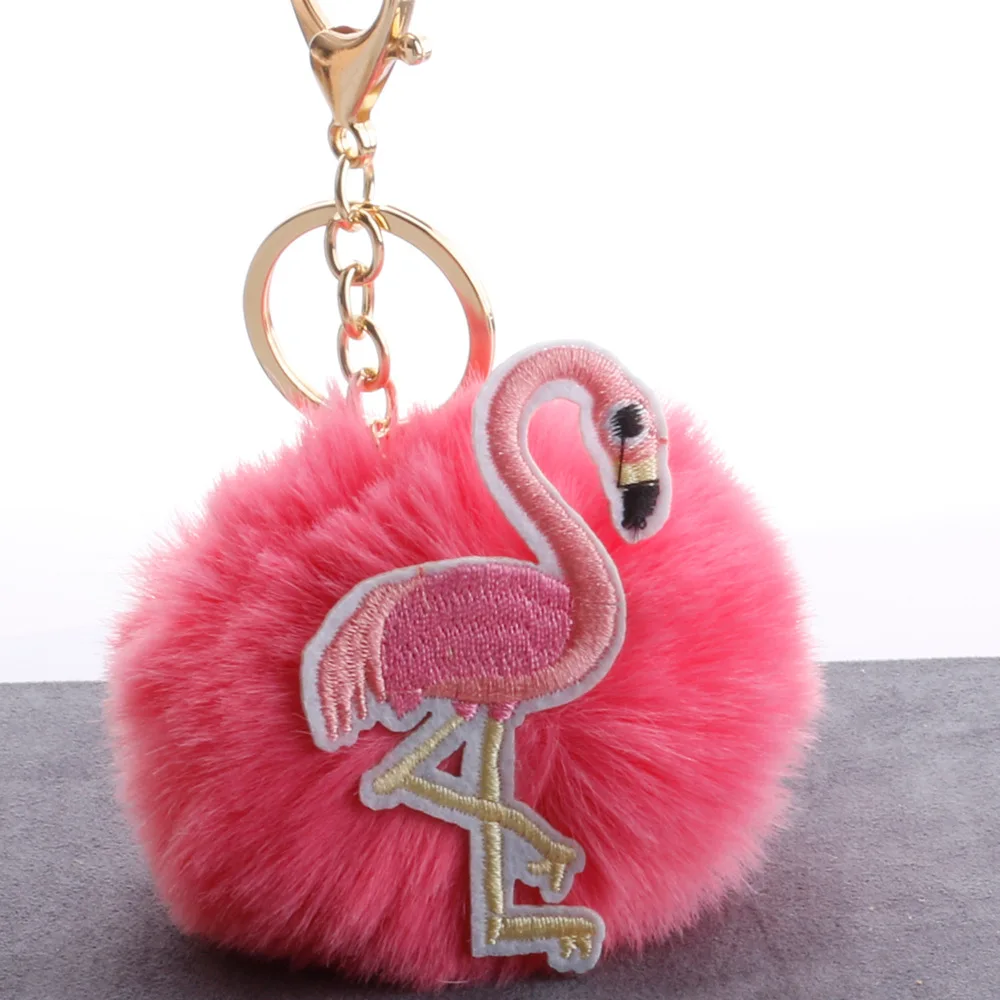 Cute Fluffy Fake Fur Pom Knitting Flamingo Key Chain Women Trinket Car Ring Keychain Jewelry Gift fluffy keychain on bag | Украшения и