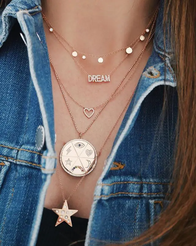 

Round coin Pendant necklace for women charm rainbow cz disc engrave star moon lightning lucky eye heart trendy fashion jewelry