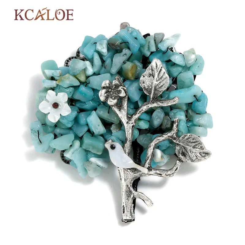 

KCALOE Bohemia Blue Natural Stone Collar Pin Brooches Vintage Antique Silver Color Tree Brooch Fashion Shell Small Flowers Pins