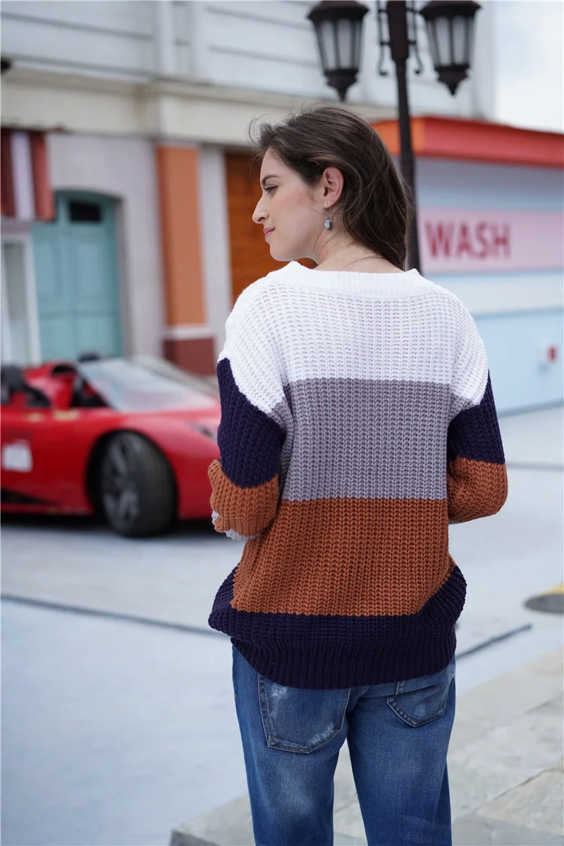 Fitshinling блок пэчворк пуловеры свитера для женщин Зимняя трикотажная одежда длинный рукав корейский женский свитер-пуловер