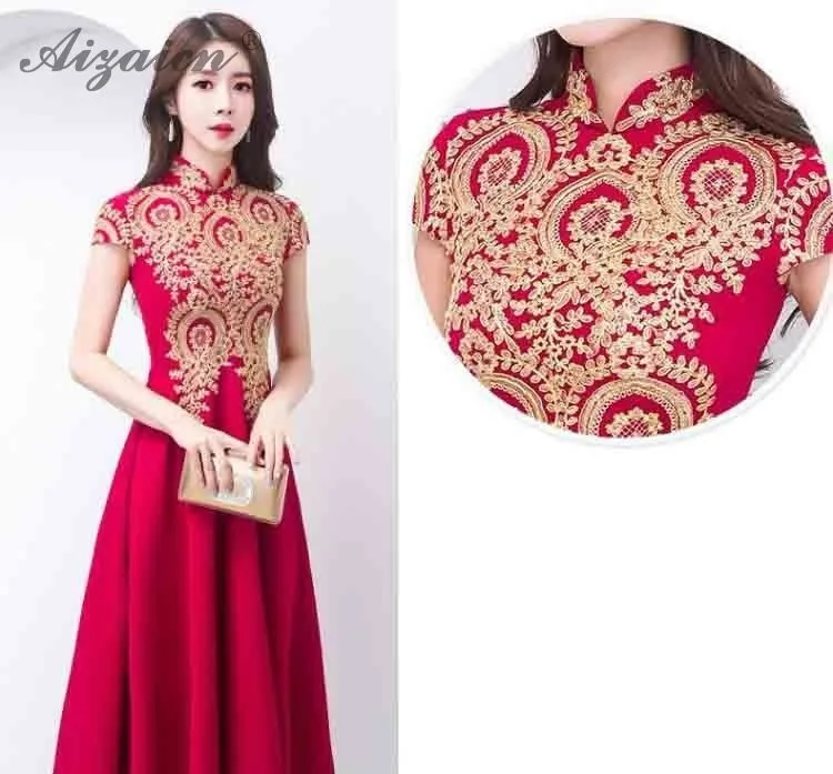 Novia moda corto rojo Cheongsam vestido bordado flor Qi Pao mujeres chino tradicional ropa Qipao Восточный vestidos de boda