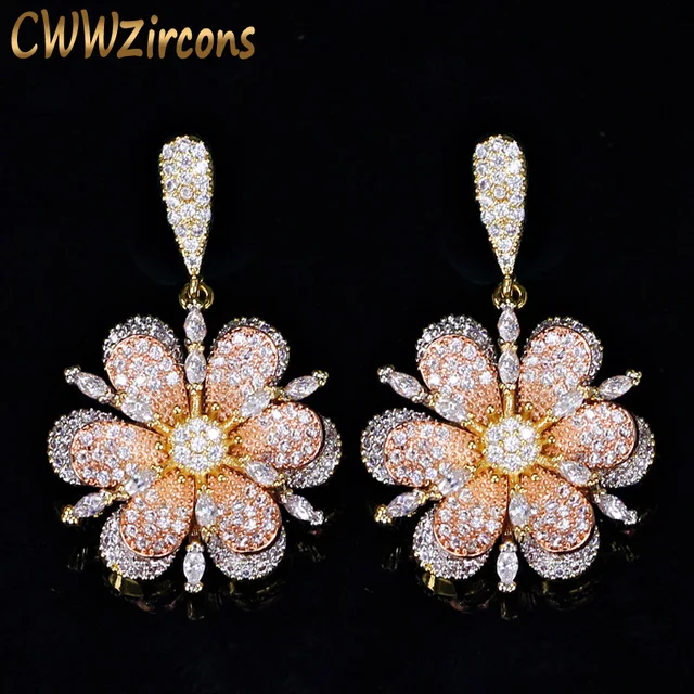 CWWZircons 3 Tones Rose And Yellow Gold Color Jewelry Fashion Micro