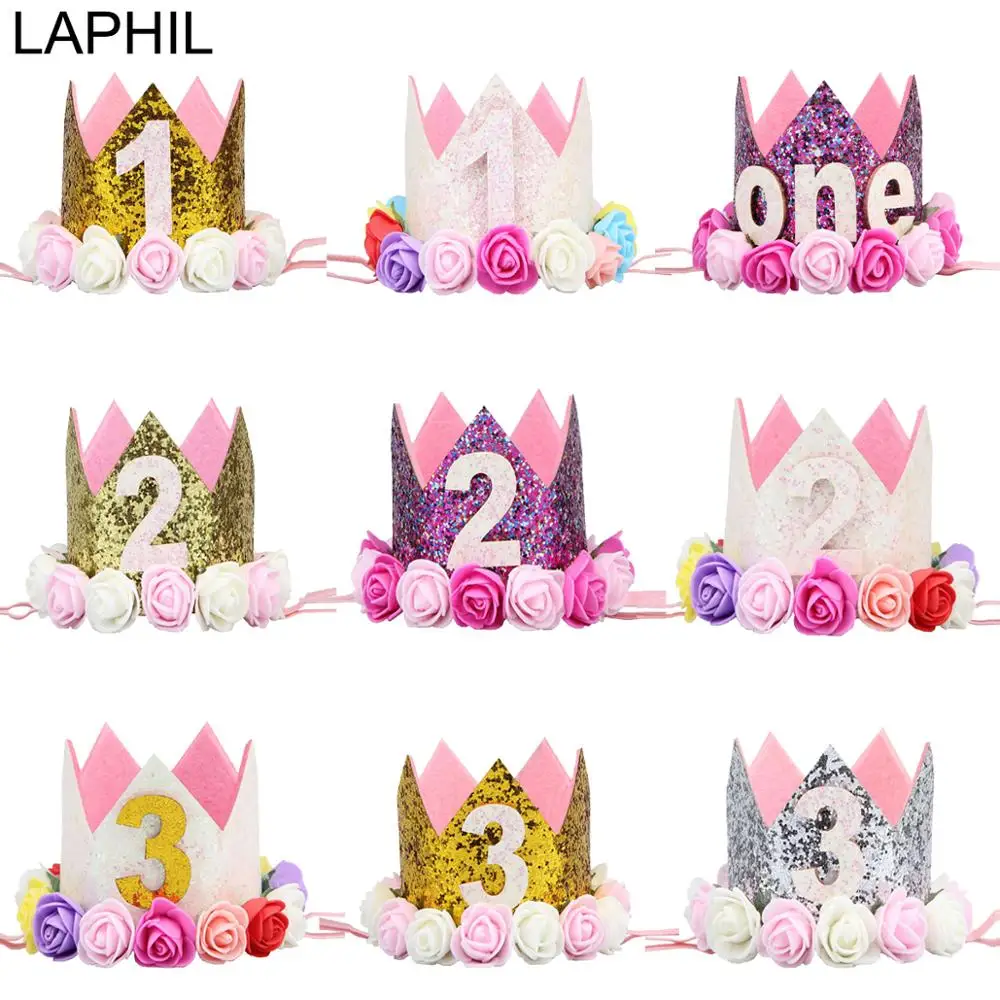 

LAPHIL My First Birthday Party Hat Cap Gold Silver Flower Crown Happy 2nd Birthday Party Decorations Kids 3rd Party Supplies