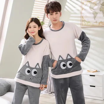 

JINUO animals cartoon grey cat pattern adult couple pajamas with pocket unisex woman flannel pyjamas for man male winter wear