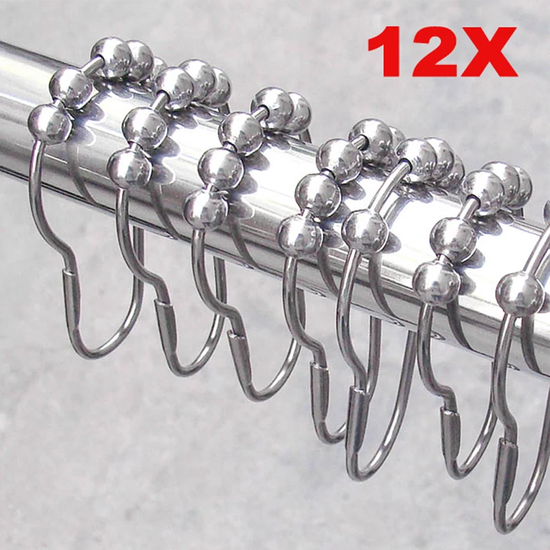 12Pcs/set Curtain Hooks Polished Satin Nickel 5 Roller Ball Rings Hooks