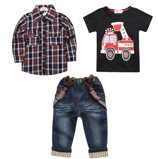 Г. Комплекты одежды, Весенний костюм рубашка в клетку с длинными рукавами для мальчиков+ джинсы+ принт автомобиля, комплект из 3 предметов, BCS203 - Цвет: as picture