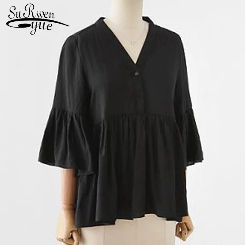 

2019 Large size women's fat solid color blouse top fashion in summer Flare sleeve V-neck Lady shirt Doll type women top 3606 50