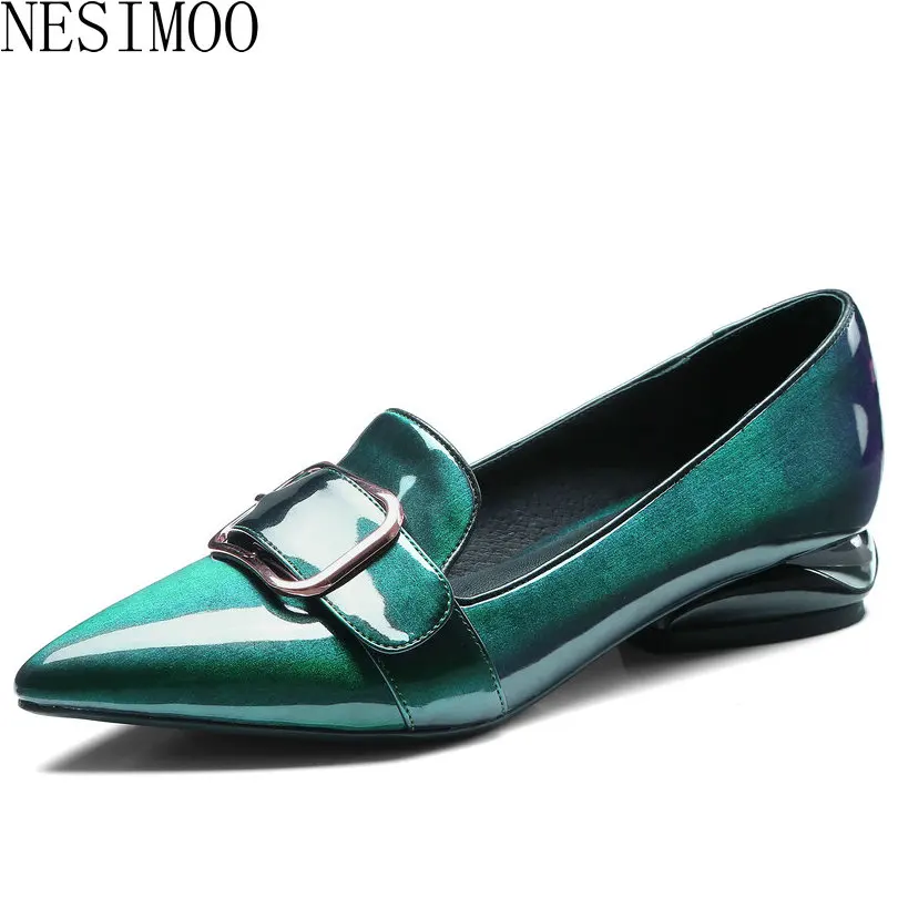 

NESIMOO 2018 Women Pumps Patent Leather Fashion Buckle Westrn Style Women Shoes Slip on Pointed Toe Ladies Pumps Size 34-42