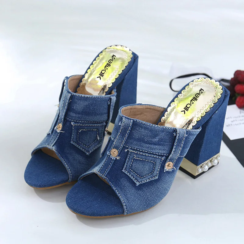 Ladies Shoes 2018 Fashion Women Shoes Women Denim Mules Satin Women