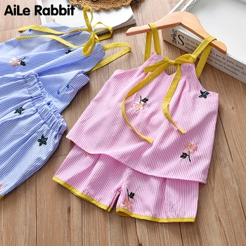 

Summer Suit Girls' Clothes Sling Tops Shorts 2 Piece Set T-shirt Set Striped Embroidered Flowers Костюмы Для Девочек