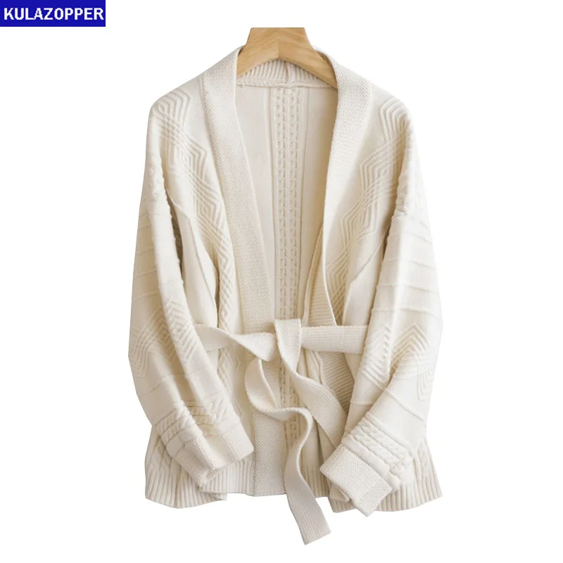 

KULAZOPPER Women Thickening Belt cardigan Short outwear Female Autumn Winter retro lazy Loose thick line twist Sweater Coat Y288