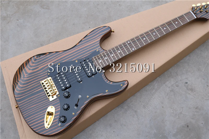 

Factory Wholesale Zebra Wood Body Electric Guitar with HSH Pickups,Black Pickguard ,Gold Hardwares,Offer Customized