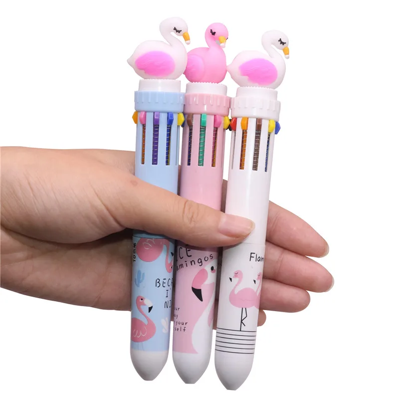 

50 pcs Latest Version Ten Color Automatic Ballpoint Pen Student Learning Office Supplies 0.5 mm Bullet Girl Cute Flamingo Gift