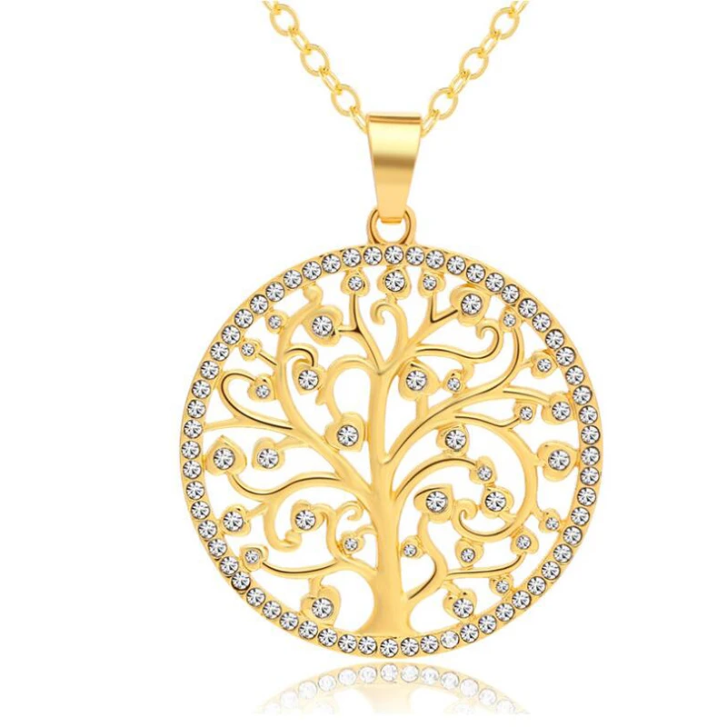 

wholesale Round Gold Silver statemen Necklace Crystal Tree of Life Pendant Necklace Women Fashion Party lover Jewelry gift