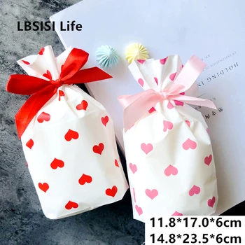 

LBSISI Life 50pcs Red Pink Heart Candy Bags Plastic Drawstring Bag Wedding Decor Cookie Snack Candy Bag Birthday Party Gift