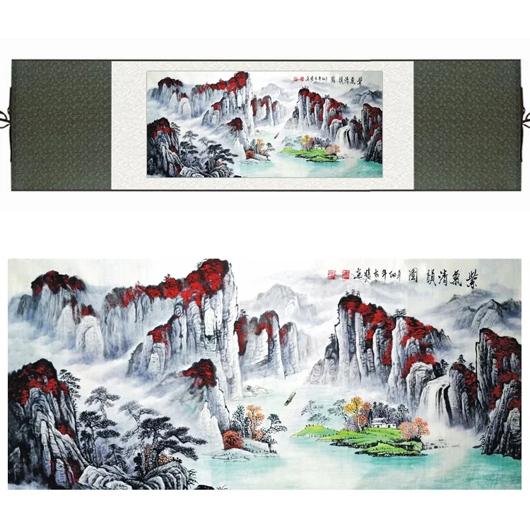 

Chinese Silk Watercolor Waterfall Mountain Pine Red Tree Landscape Feng Shui canvas wall picture damask framed scroll painting