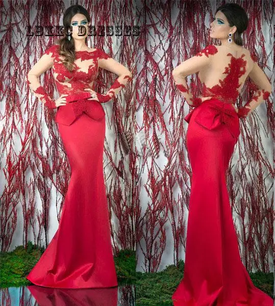 

See Through Top Lace Applique Mermaid Red Evening Dress Long Sleeves Abiye Gece Elbisesi Long Dresses For Wedding Party Long