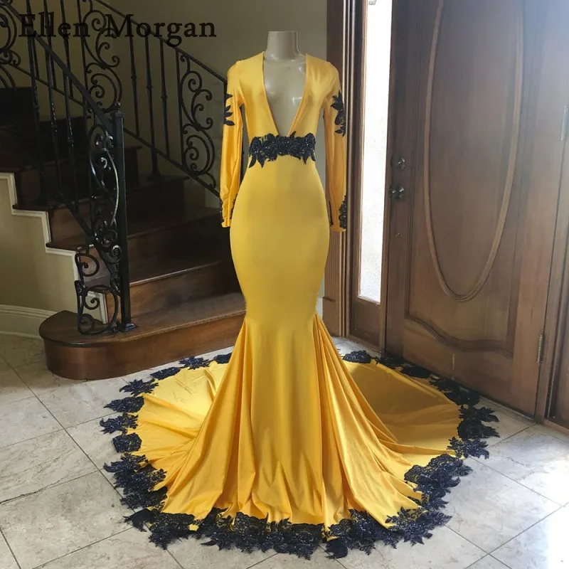 

Yellow Long Sleeves Mermaid Prom Dresses for African Black Girls 2019 Vestido De Festa Black Lace V Neck Closed Back Party Gowns