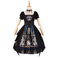 Готический Черный Лолита цельное платье с коротким рукавом печатных кружева и оборками Лолита OP платье