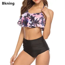 Ruffle Swimsuit Women High Waist Bikini 2019 Large Size Bandage Biquini Separate Halter Bikiny Coconut Tree Print Lotus Plus XXL