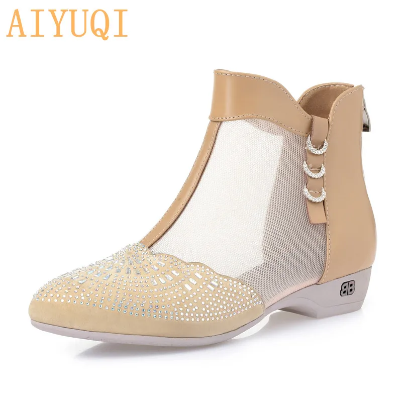 

AIYUQI Women summer boots 2019 spring new genuine leather women's net boots large size 41 42 43 rhinestone dress shoes women