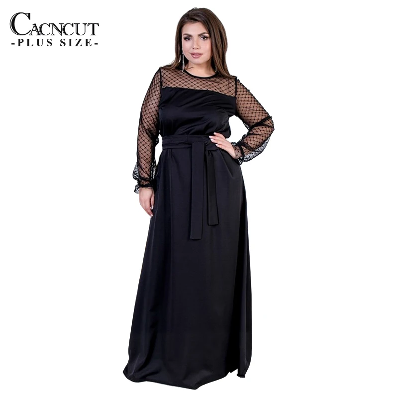 5XL 6XL женское длинное платье большого размера в горошек Женский, сетчатый большой Пол Длина Макси платье черное элегантное вечернее платье на вечеринку - Цвет: Черный