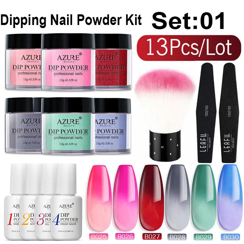 

Azure Beauty 13Pcs/Lot Dipping Powder Nail Dip Powder Kits Nail Art Gradient Color Base Top Gel Nail Brush Glitter Powder Sets