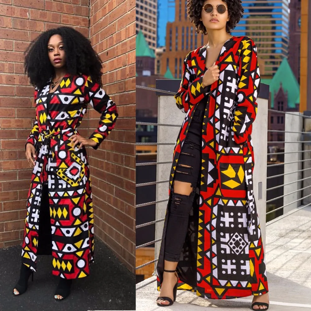 

Fashion Lady Colorized Geometric Ankle-Length Coat Autumn Streetwear Woman Open Stitch Long Sleeve Pocket Sashes Surcoat ML7138