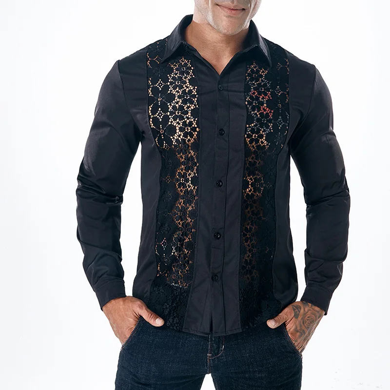 Роскошная кружевная Мужская рубашка с цветочной вышивкой, новинка, брендовые прозрачные сексуальные рубашки, мужские Клубные Вечерние черные рубашки