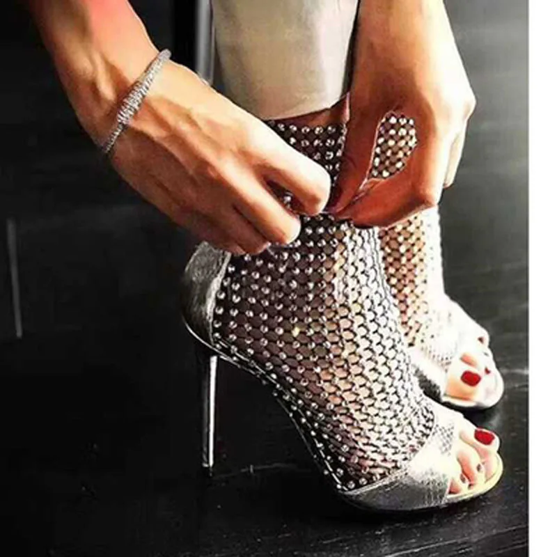 Tobillo Botas Imitación Diamantes Tacones 9 Espárragos Cristal Malla De Bling Mujer Trenzado black Altos azul Sandalias Red Verano Fiesta Cm Zapatos Silver Bottines Yz7X8