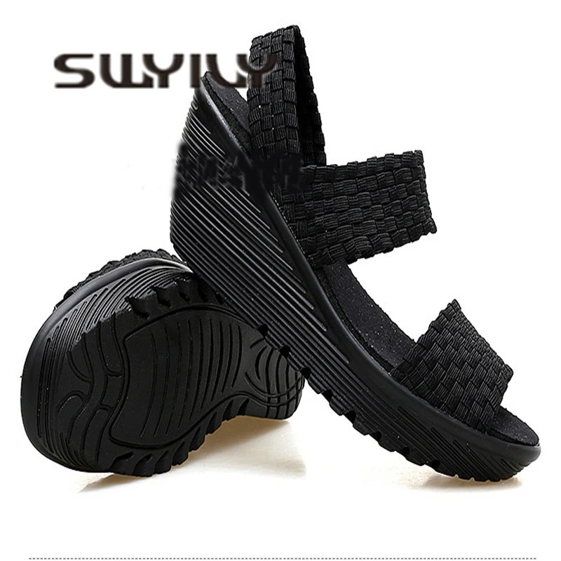 SWYIVY Women Slimming Sandals Platform Hand-woven Summer Large Size Height Increasing Comfortable Female Toning Shoes