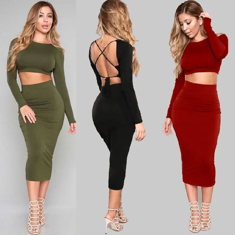 

Autumn New Elegant Women 2PCS Set Long Sleeve Crop Top+Pencil Skirt Backless Lace Up Women Suits Fashion Femme Two Pieces Sets
