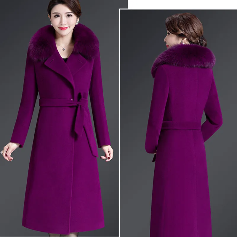 Кашемировое шерстяное пальто Для женщин Новинка зимы размера плюс теплый двубортный меховой воротник длинное шерстяное пальто, женский жакет 5XL 164-238