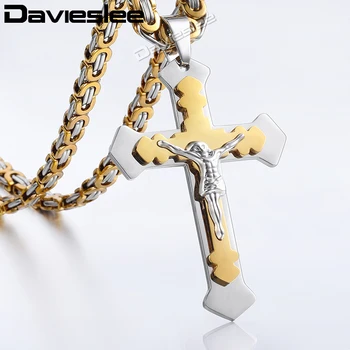 

Davieslee Multilayer Cross Jesus Pendant Necklace for Men Stainless Steel Chain Byzantine Link Wholesale Jewelry LKP486