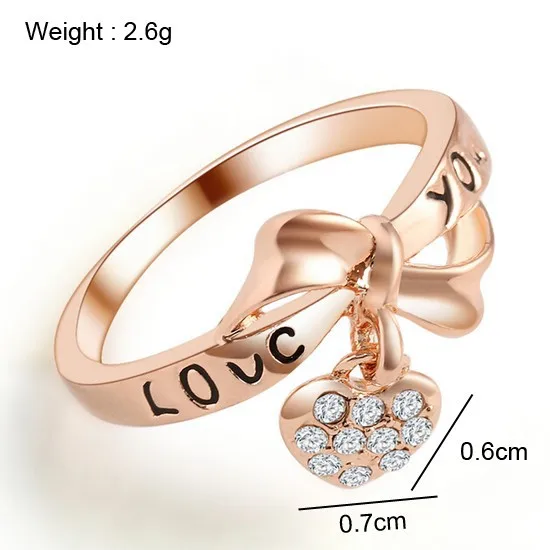 17KM Romantic Gift Retro Love Heart Bow Rings Rose Gold Color wedding Austrian Crystal Element Rings Word Ring For Women 2