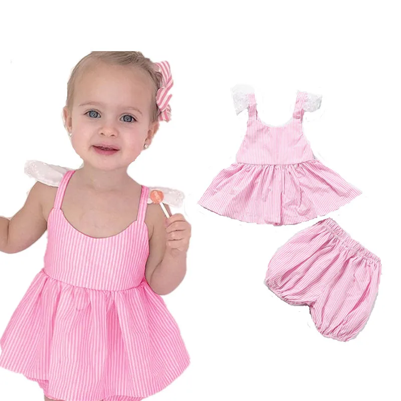 2pcs New Summer Baby Girl Clothes Sleeveless Cotton Striped Halter