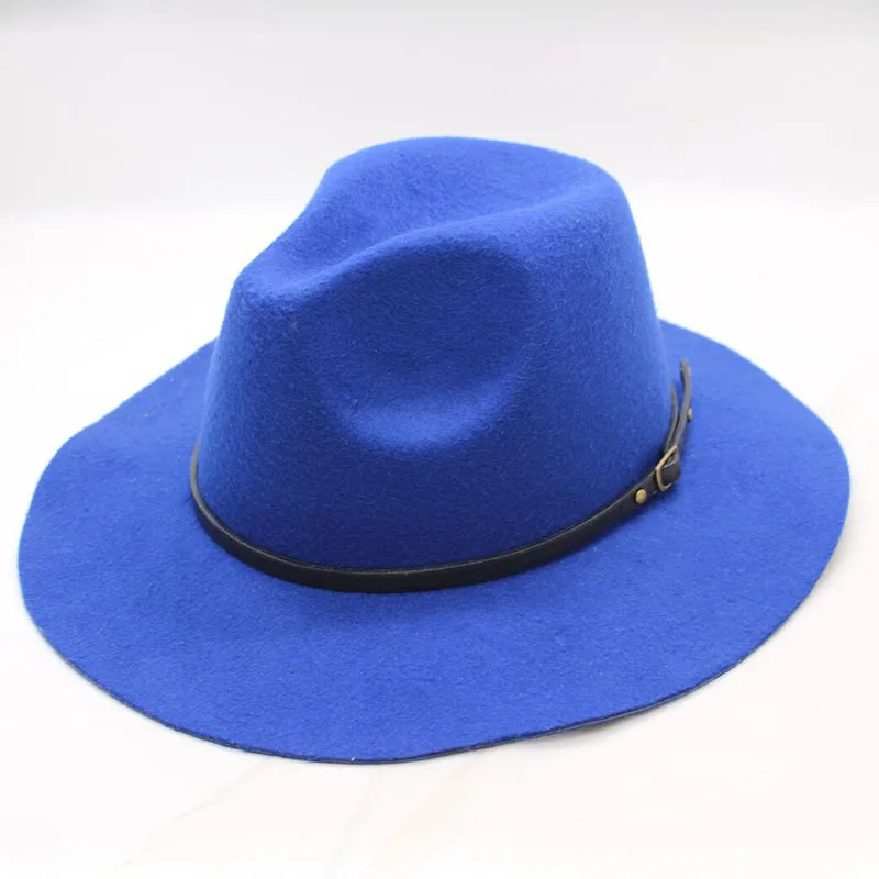 BINGYUANHAOXUAN высококачественные шерстяные мягкие шляпы классический модный пояс широкий джазования с полями шапки для мужчин и женщин шерстяная фетровая шляпа - Цвет: Royal blue