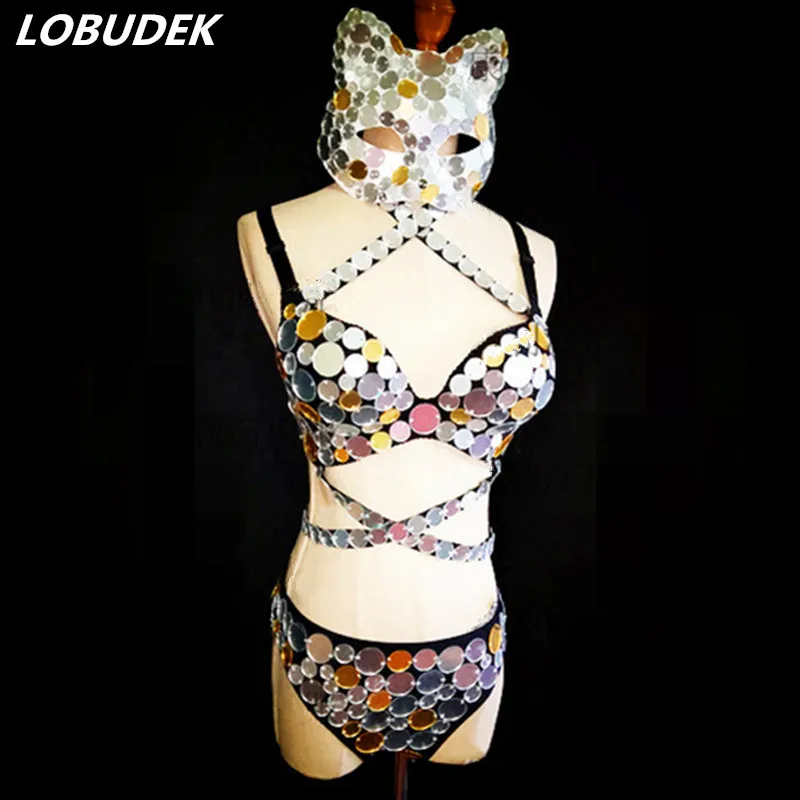 

Sexy silver Lens mirrors Mask bikini set bra bodysuit female costumes Rompers singer dancer DJ DS party show Nightclub