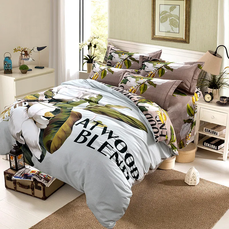 Forest big flowers print 4pcs bedlinens high quality thick sanding cotton Queen/King Size duvet cover+flat sheet+pillowcases