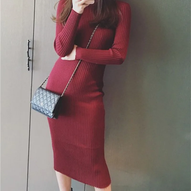 

Autumn Winter Fashion Solid Color Rib Knitted Dress 2019 Women Turtleneck Long-Sleeved Dress Casual Slim Dress Female Vestidos