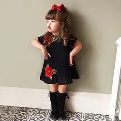 Одежда для детей; малышей; девочек черное платье Лето Вышивка цветок вечерние платье Симпатичные малышей сарафан с короткими рукавами
