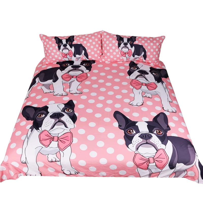 

Bow Tie Bulldog Bedding Set Dot Pink Kids Cartoon Bed Set King Size Duvet Cover Animal Dog Pug Print Bedclothes