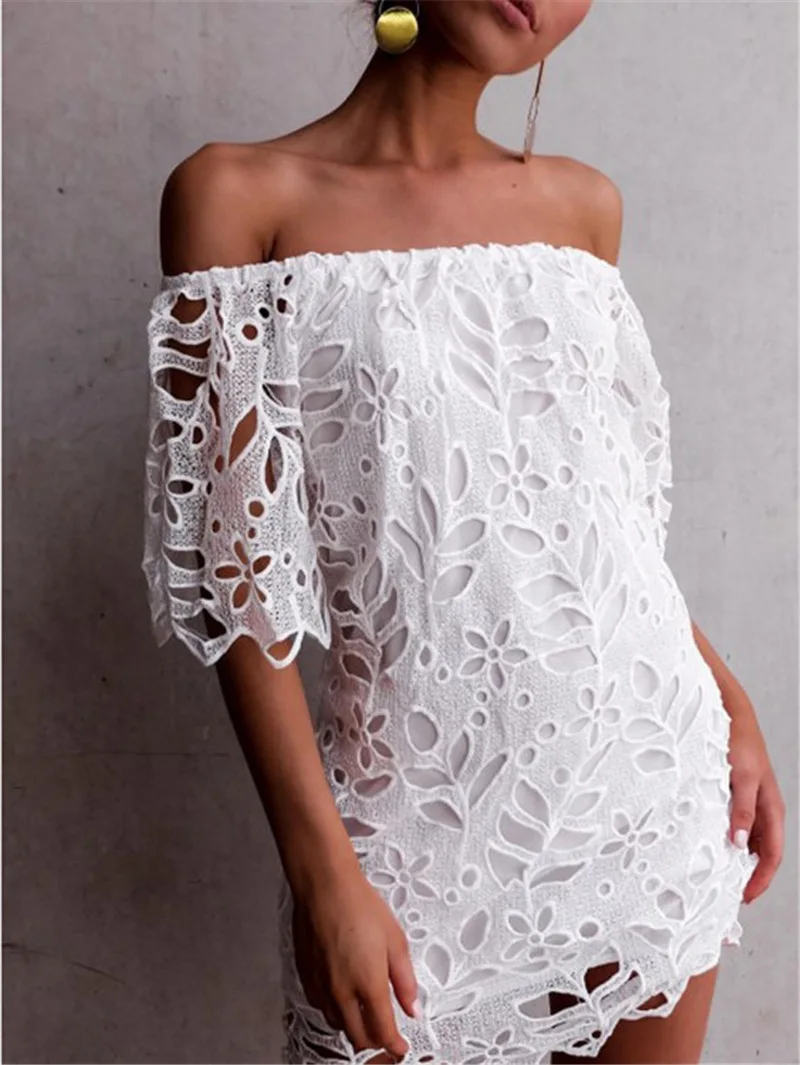 Gladiolus Off Shoulder Summer Dress Women Short Sleeve Lace Hollow White Black Mini Sexy Women Dress 2019 Ladies Party Dresses (27)