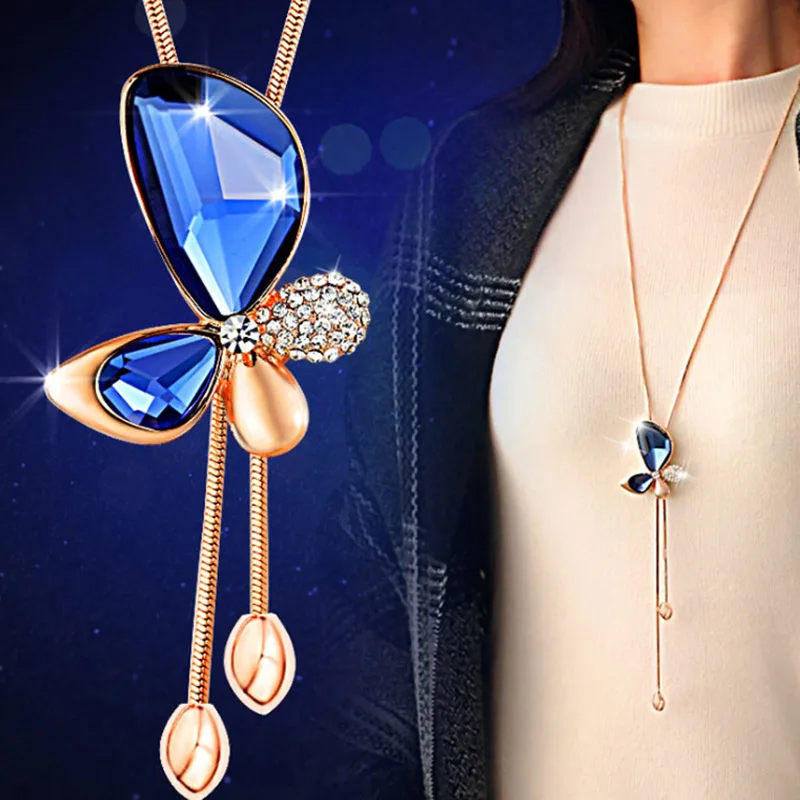 

Fashion Butterfly Pendant Necklaces Women Sweater Chain Blue Rhinestone Crystal Necklace Long Tassel Necklace