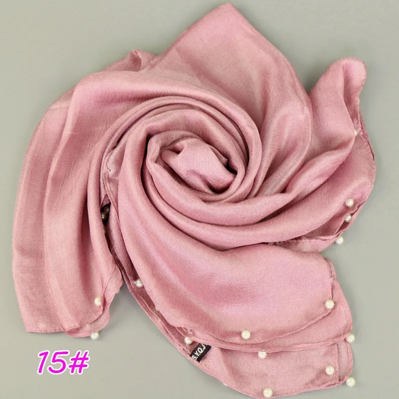 Для женщин Сплошной Цвет шелковое белье хиджаб с белым жемчугом Роскошные пашмины headban обертывания голову обертывания - Цвет: color 15