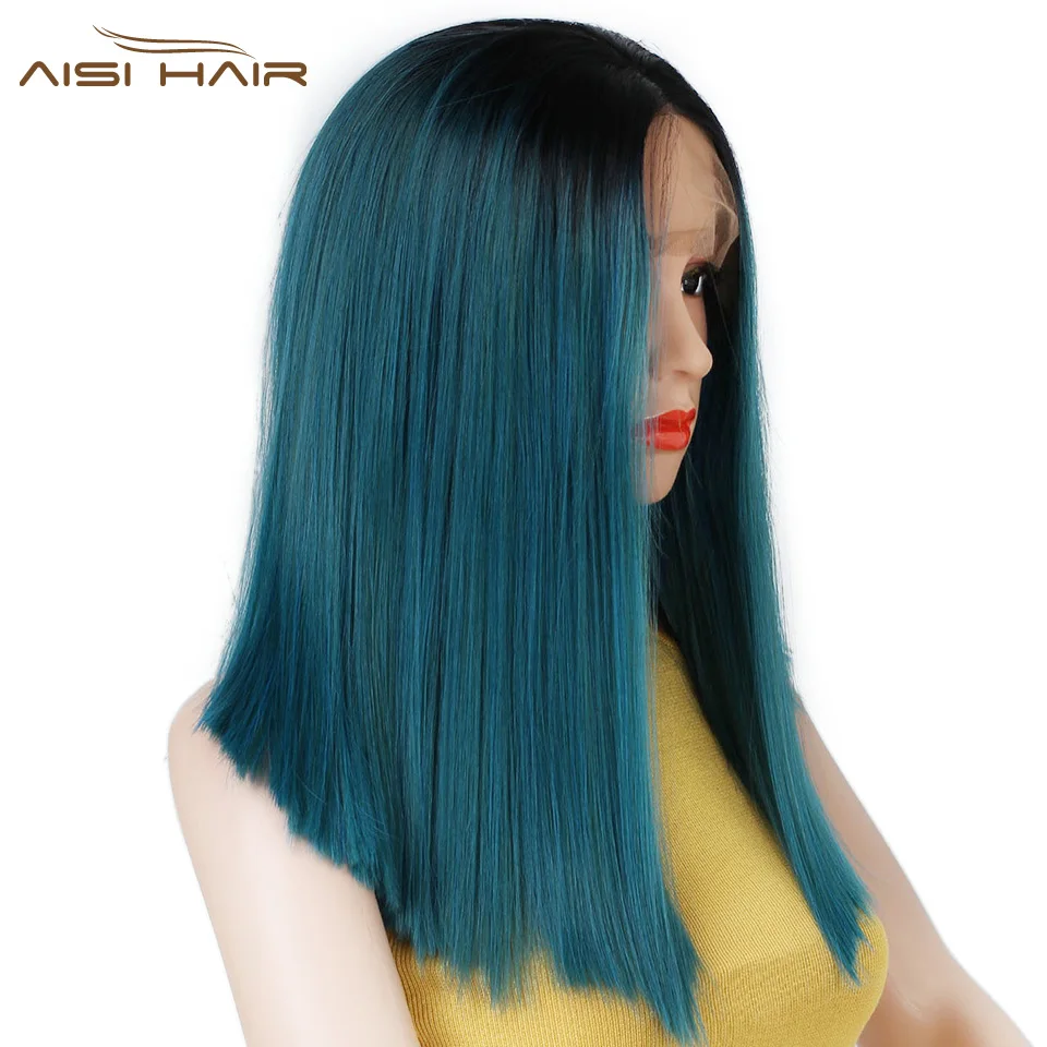 

I's a wig Ombre Blue and Dark Green Straight Wig Natural Hair Synthetic Lace Wig for Women High Temperature Fiber