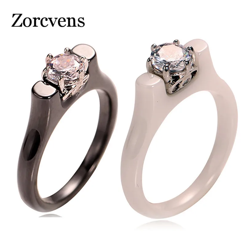 

ZORCVENS Fashion 6MM Crystal Ceramic Ring Cubic Zirconia Stone Black/White Color Women Jewelry Engagement Wedding Band Gifts