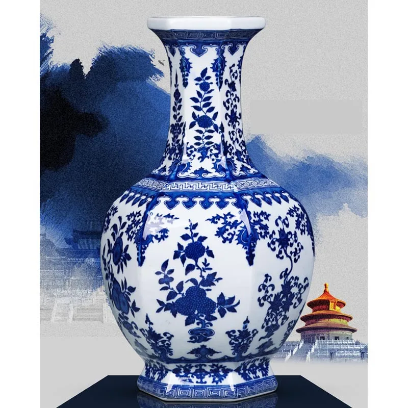 Керамическая Сине белая фарфоровая антикварная ваза Jingdezhen Цветочная композиция